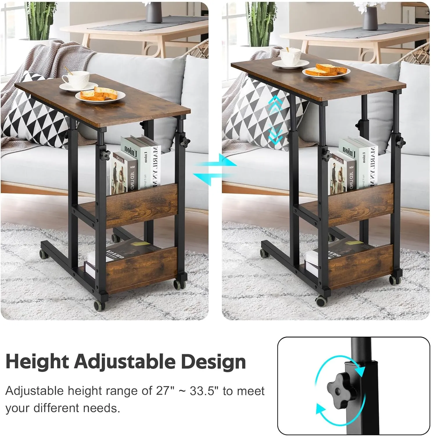 Hadulcet C Shaped Side Table Adjustable, Height Adjustable C Table with Wheels and Storage Shelves for Couch Bed Recliner Rustic Brown
