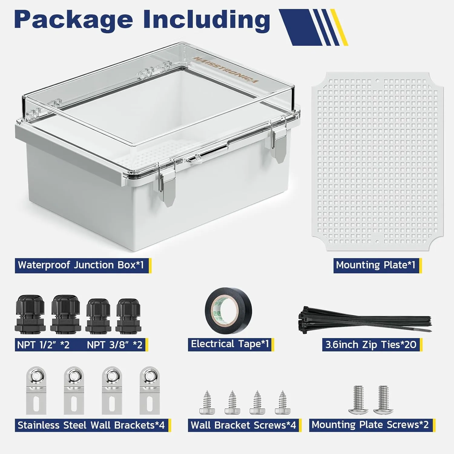 haisstronica Waterproof Outdoor Electrical Box, IP67 Weatherproof Junction Box ABS Plastic Electrical Enclosure with Mounting Plate, Wall Brackets, Cable Glands, Control Box, Clear, 8.7"*6.7"*4.3"