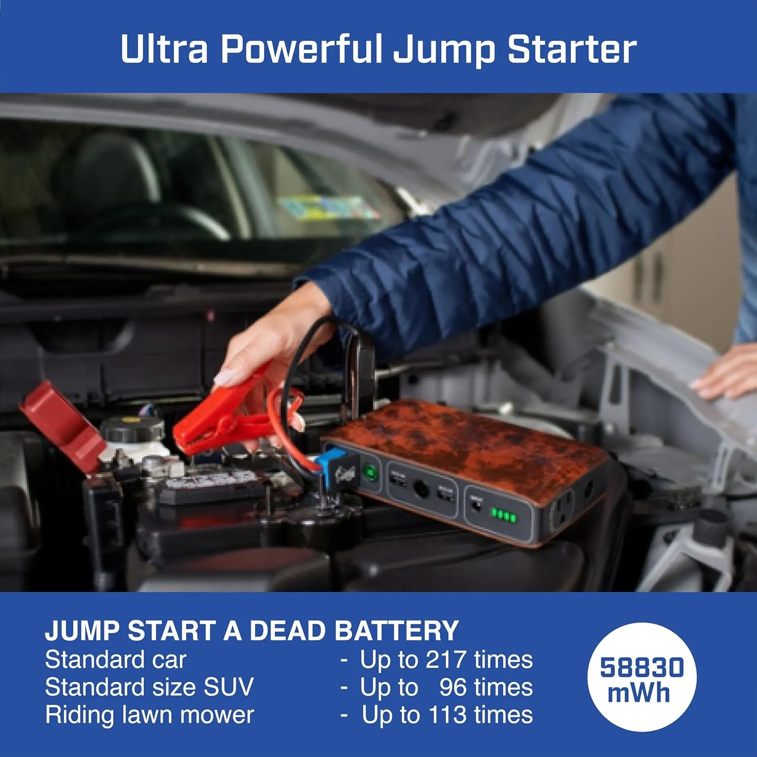 HALO Bolt 58830 ACDC Portable Car Battery Jump Starter | 58.8Wh USB Power Bank with AC Outlet, Emergency Floodlight & Charger, Jumps Cars SUVs & Trucks, Powers Phones & Laptops, TSA Approved — Gray