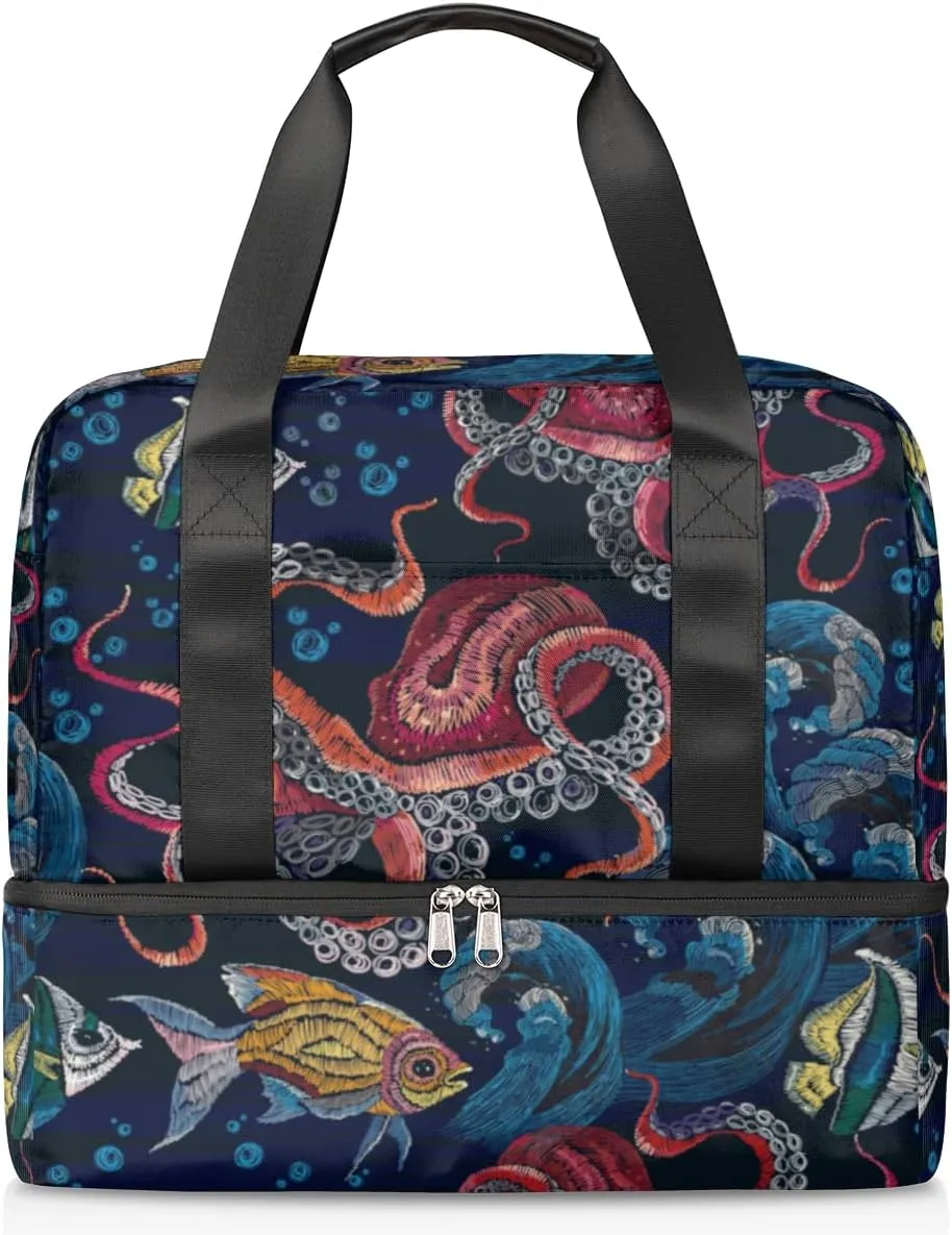Hand Painted Octopus Travel Bag Double Tier Zip Closure Weekender Bag with Leather Handle Waterproof Sports Tote Gym Bag for Swim Beach Gym Yoga