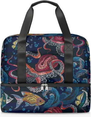 Hand Painted Octopus Travel Bag Double Tier Zip Closure Weekender Bag with Leather Handle Waterproof Sports Tote Gym Bag for Swim Beach Gym Yoga