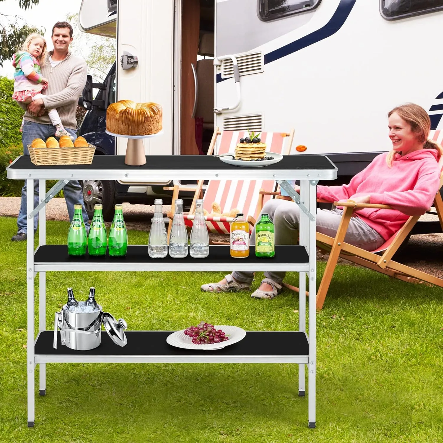 HAPPYGRILL Folding Camping Table with Storage, Aluminum Picnic Table with 2-Tier Shelves, Large Tabletop, Carry Bag, Removable Cloth Cover, Outdoor Lightweight Dining Camp Table for Picnic BBQ Party
