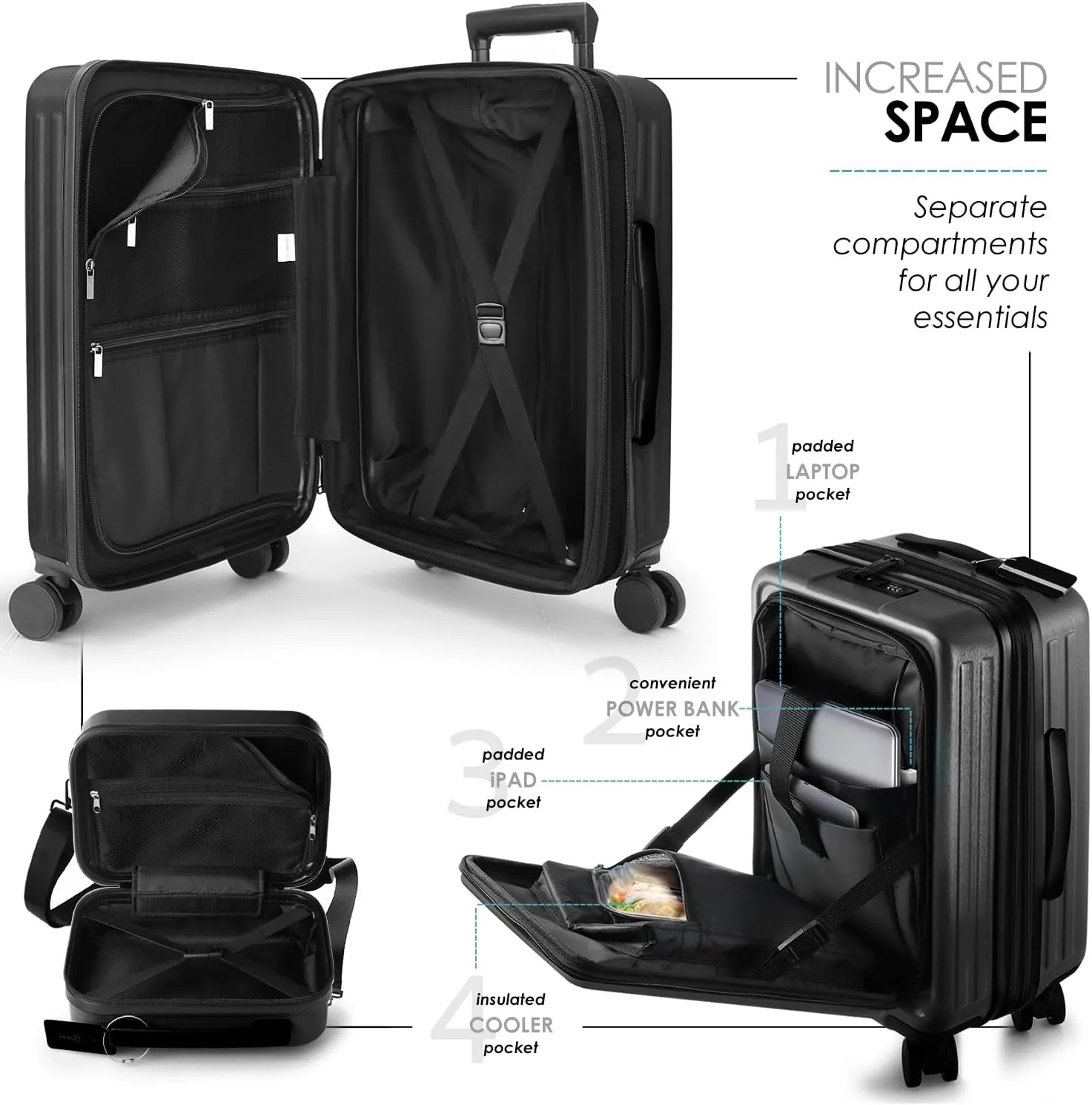 Hard Shell Luggage Sets with Spinner Wheels 4 Piece, Expandable Large Suitcases with TSA Lock, Travel Large Suitcase Set, Black Luggage Set