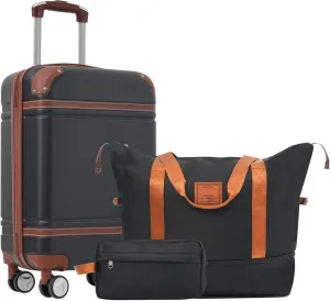 Hardshell Luggage Set with Double Spinner Wheels, Includes 20-Inch Suitcase, Travel Duffel Bag & Toiletry Bag, Black