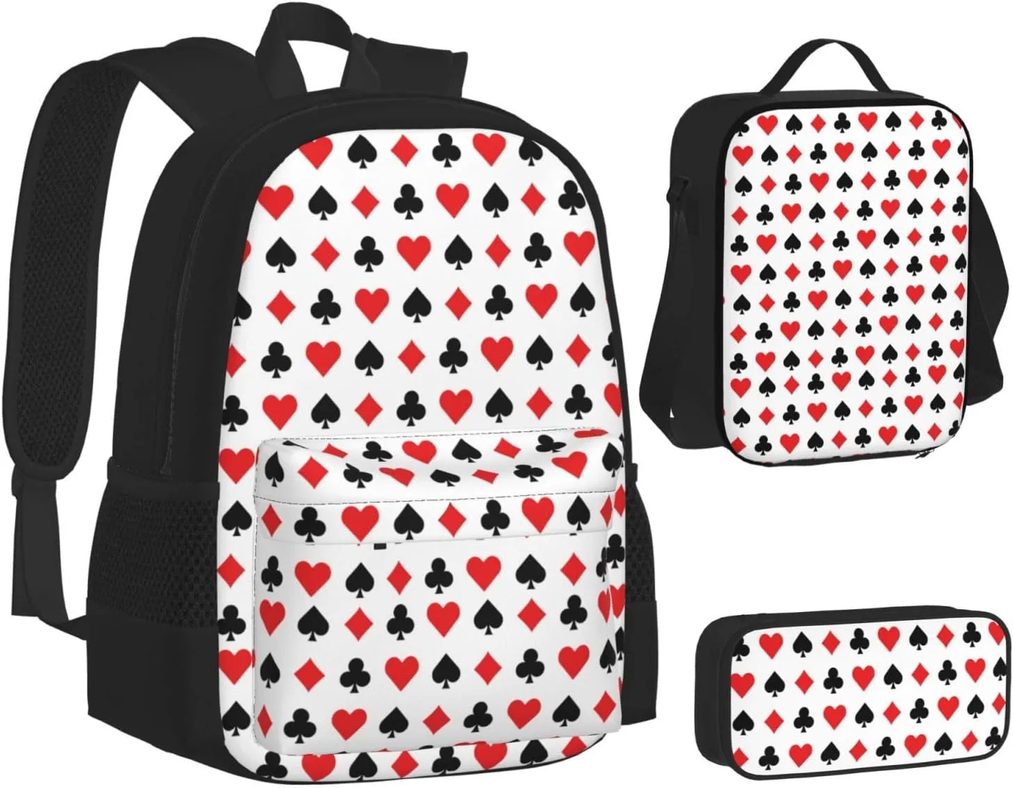 Hearts Spades Poker Casino Multifunctional Pocket Backpack Crossbody Lunch Bag Pencil Case 3Pcs Set Large Capacity Backpack