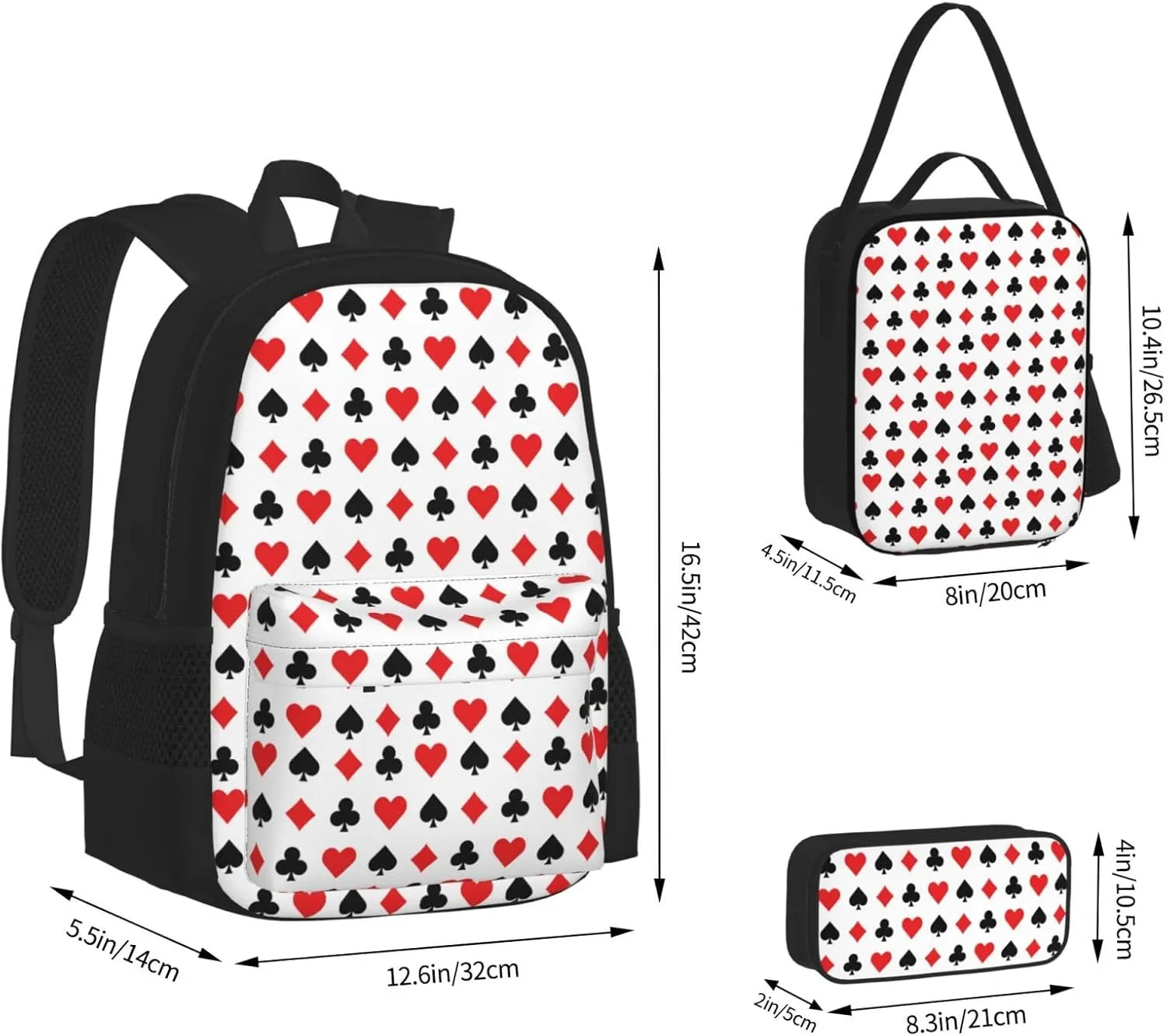 Hearts Spades Poker Casino Multifunctional Pocket Backpack Crossbody Lunch Bag Pencil Case 3Pcs Set Large Capacity Backpack