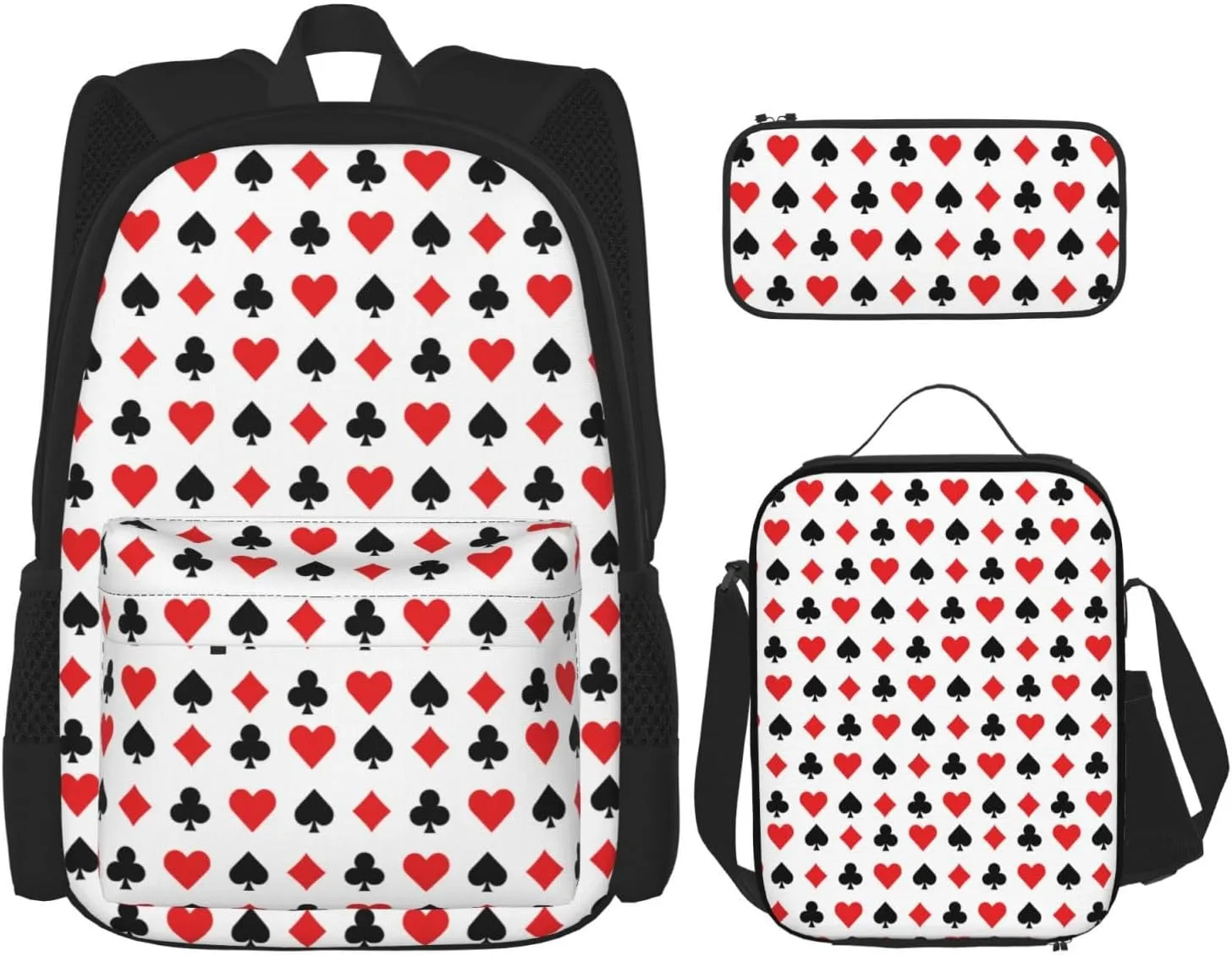Hearts Spades Poker Casino Multifunctional Pocket Backpack Crossbody Lunch Bag Pencil Case 3Pcs Set Large Capacity Backpack