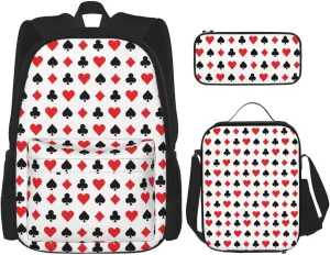 Hearts Spades Poker Casino Multifunctional Pocket Backpack Crossbody Lunch Bag Pencil Case 3Pcs Set Large Capacity Backpack