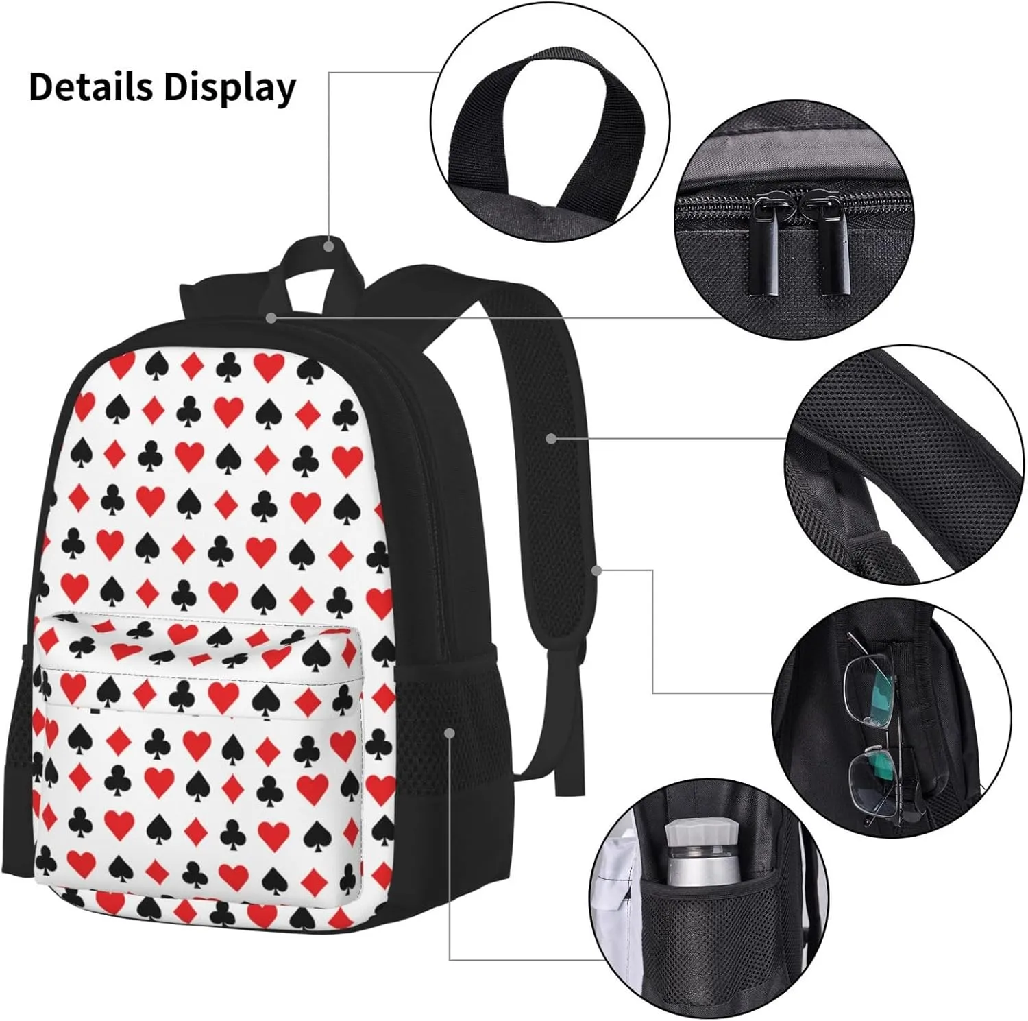 Hearts Spades Poker Casino Multifunctional Pocket Backpack Crossbody Lunch Bag Pencil Case 3Pcs Set Large Capacity Backpack