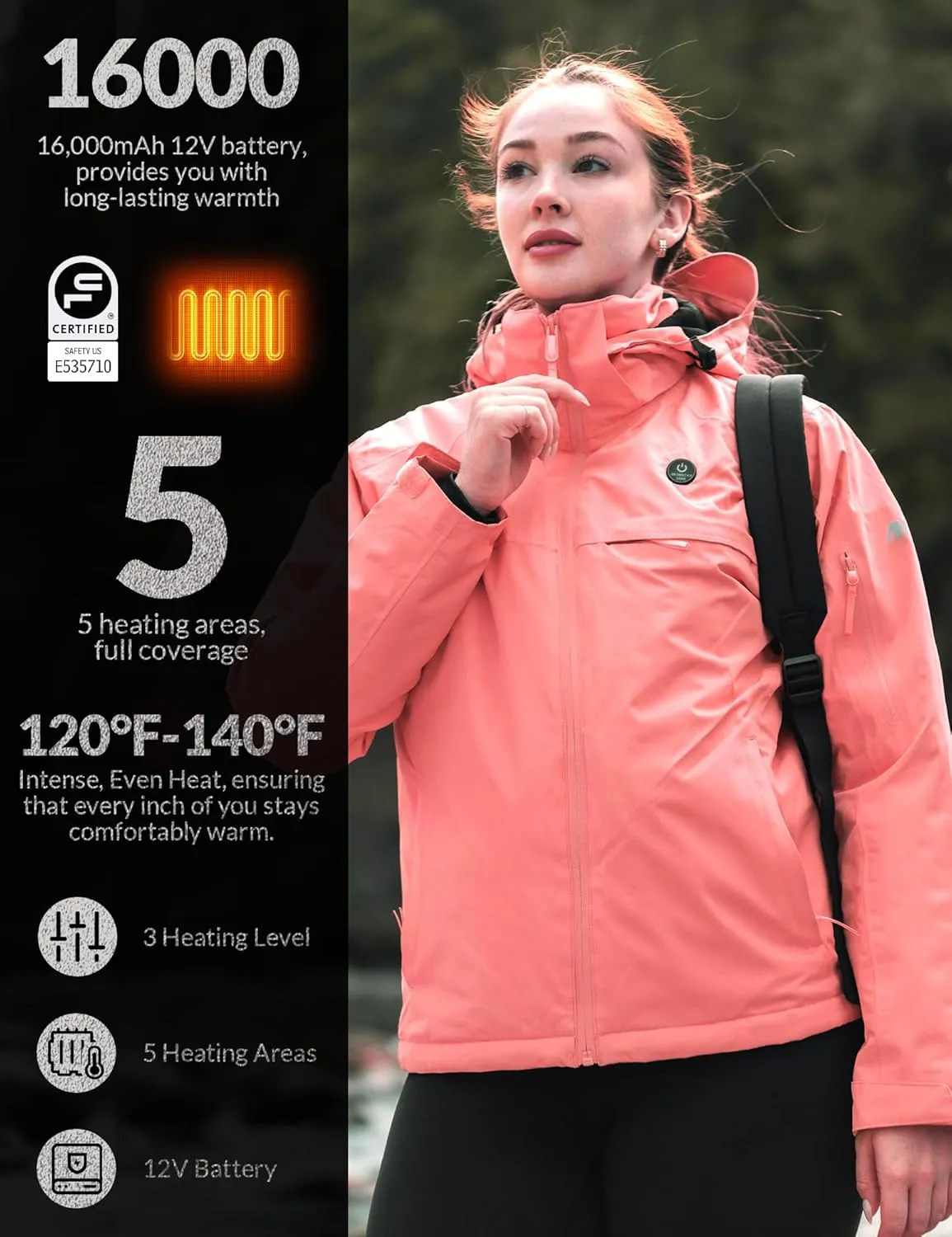Heated Jacket, Ski Jacket Coat, With 12V/16000mAh Battery Pack, 5 Areas Heating Thicken Women Winter Coat