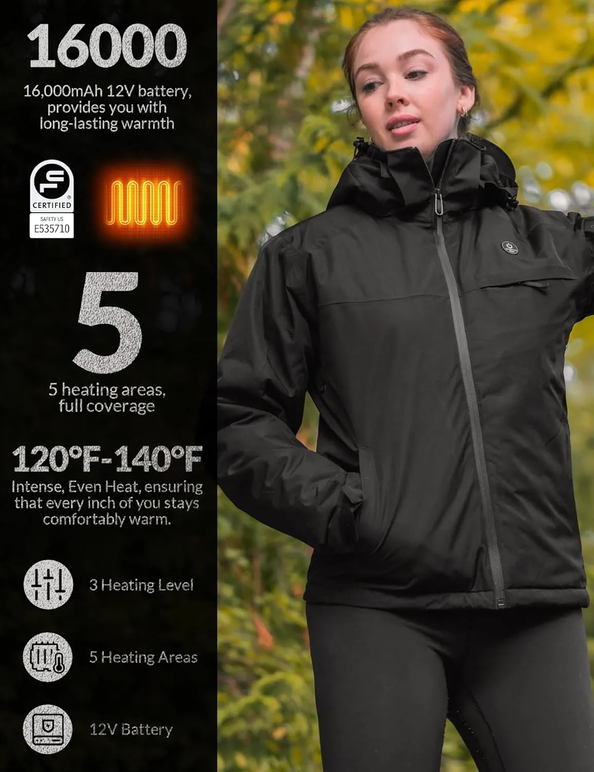 Heated Jacket, Ski Jacket Coat, With 12V/16000mAh Battery Pack, 5 Areas Heating Thicken Women Winter Coat