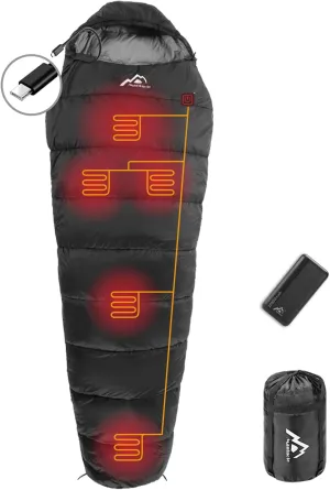 Heated Sleeping Bag 5pcs Multi USB Power Support Heating Pads,Operated with Battery Power Bank or Other Type-C Power Supplies, Mummy Style with one pc 20000mah Power Bank