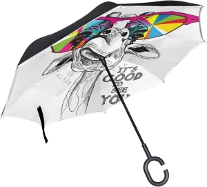 hengpai Cool Giraffe Reverse Inverted Inside Out Umbrella Cars Unigue Windproof UV Proof Double Layer for Women