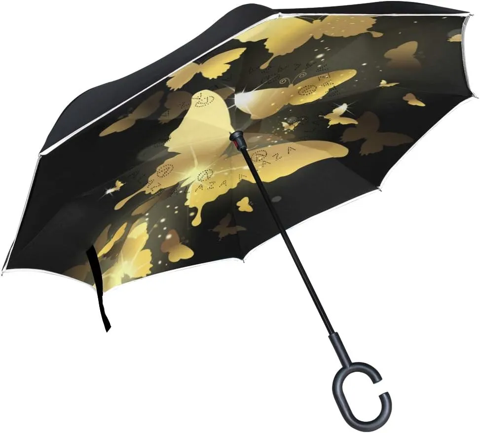 hengpai Gold Butterfly Reverse Inverted Inside Out Umbrella Cars Unigue Windproof UV Proof Double Layer for Women