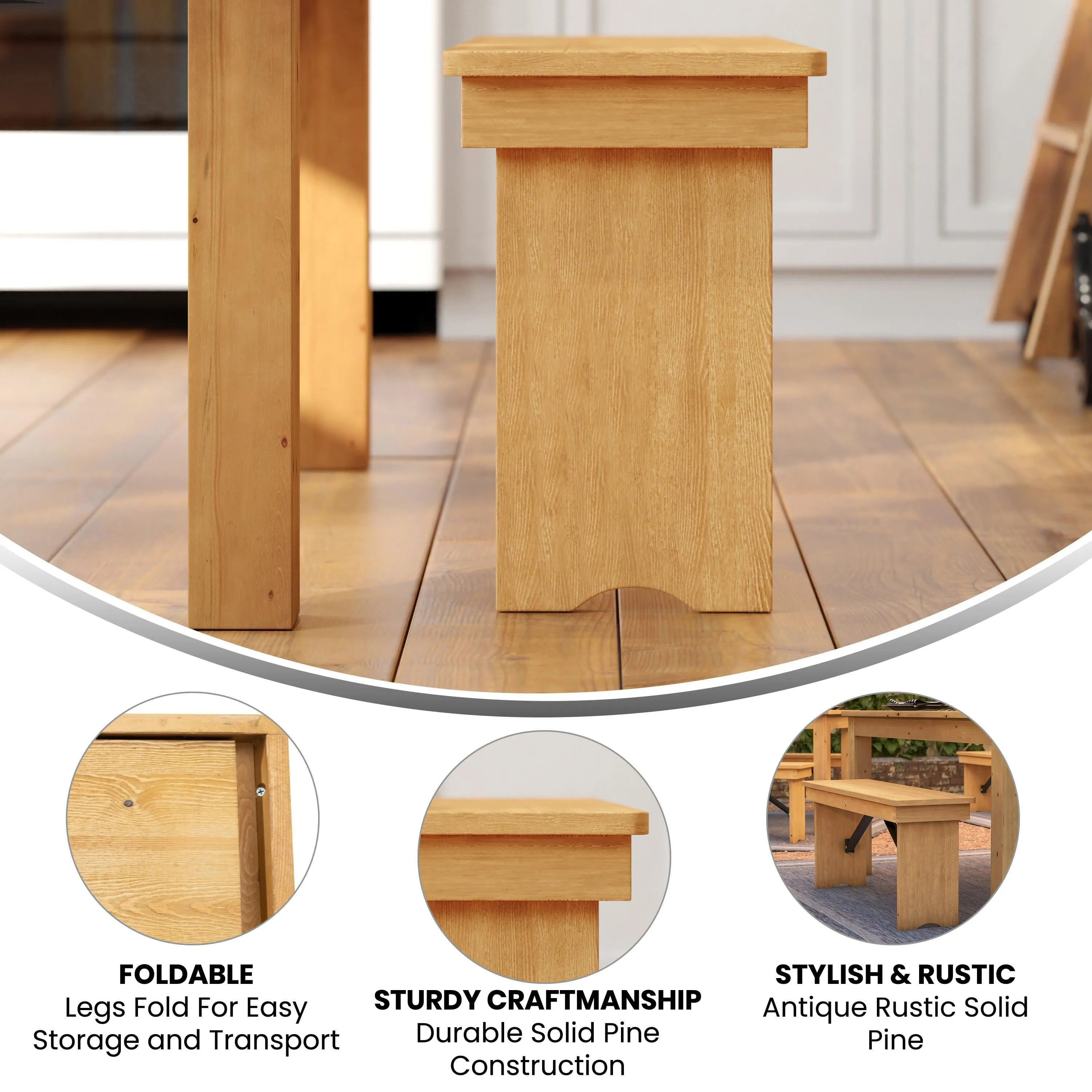 HERCULES Series 40" x 12" Solid Pine Folding Farm Bench