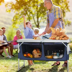 HHYY Folding Camping Table with Storage Compartment Aluminum Lightweight Camp Kitchen Table Height Adjustable Indoor/Outdoor Table Perfect for Tailgating, Backyards, BBQ,Picnic,White Blue