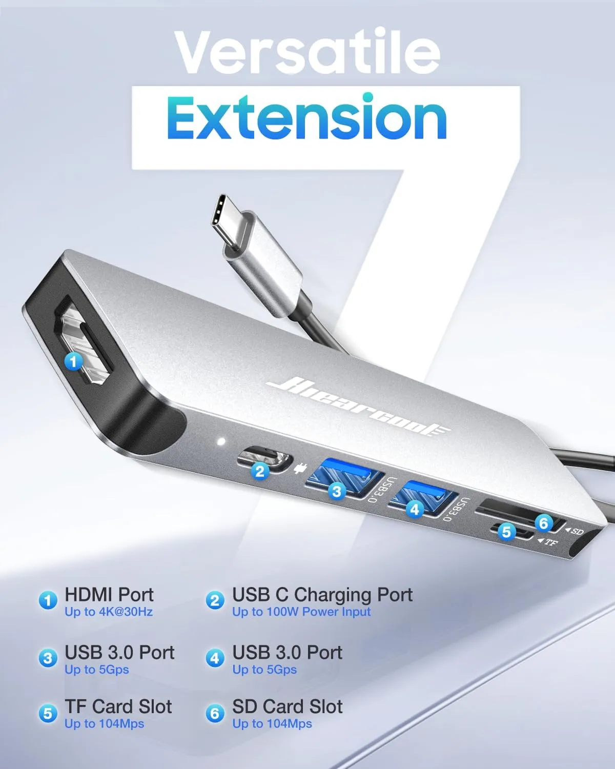Hiearcool USB C Hub Multi-Port Adapter, 7-in-1 USB-C Dongle with 4K HDMI 100W PD SD/TF Card Reader, USBC Dock Compatible for MacBook Pro/Air Dell XPS Lenovo HP and Other Windows Laptops-Sliver White
