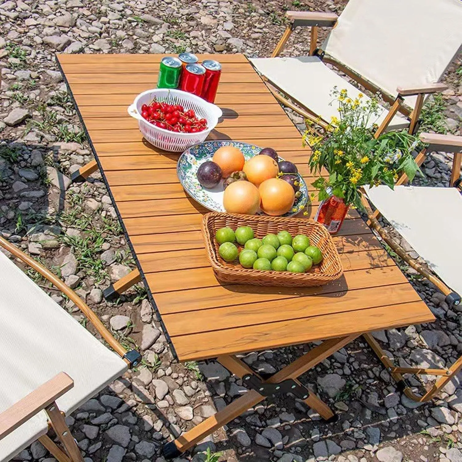 High-Carbon Steel Roll Up Picnic Table Folding Camping Table with Carry Bag Outdoor Indoor Use for BBQ, Picnic, Garden Parties, Foldable Portable Design.
