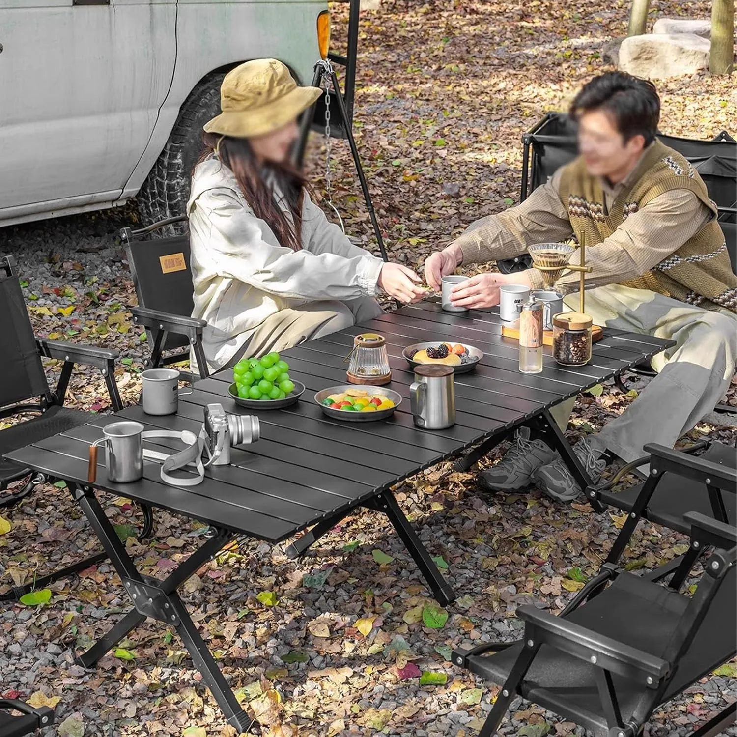 High-Carbon Steel Roll Up Picnic Table Folding Camping Table with Carry Bag Outdoor Indoor Use for BBQ, Picnic, Garden Parties, Foldable Portable Design.