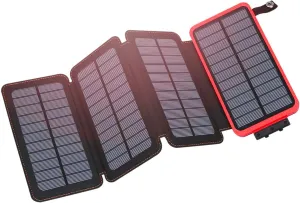 Hiluckey Solar Charger 25000mAh, Outdoor USB C Portable Power Bank with 4 Solar Panels, 3A Fast Charge External Battery Pack with 3 USB Outputs Compatible with Smartphones, Tablets, etc. (Red)