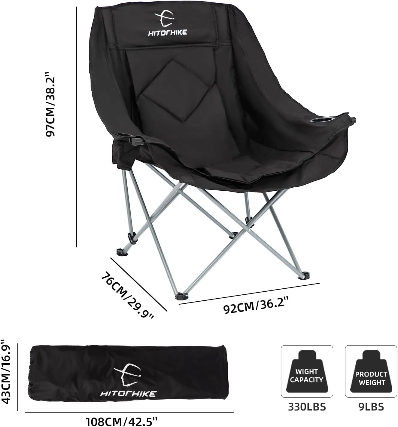 HITORHIKE Double Camping Chair Heavy Duty Oversized Folding Loveseat Camping Chair - Single/Double, All-Season Design with Cup Holder for Camping, Picnic, Beach