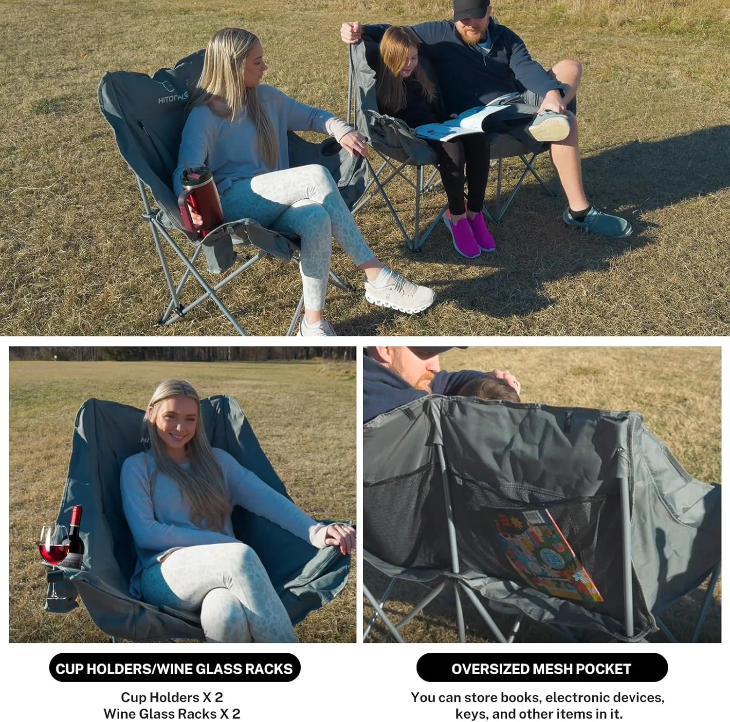 HITORHIKE Double Camping Chair Heavy Duty Oversized Folding Loveseat Camping Chair - Single/Double, All-Season Design with Cup Holder for Camping, Picnic, Beach
