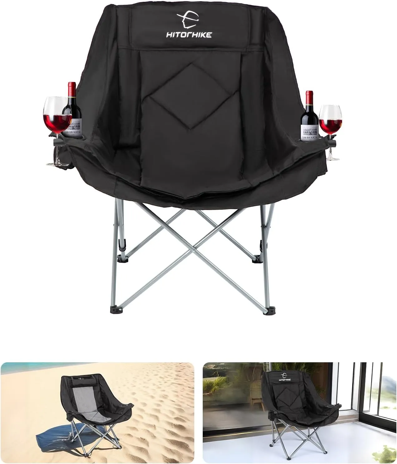 HITORHIKE Double Camping Chair Heavy Duty Oversized Folding Loveseat Camping Chair - Single/Double, All-Season Design with Cup Holder for Camping, Picnic, Beach