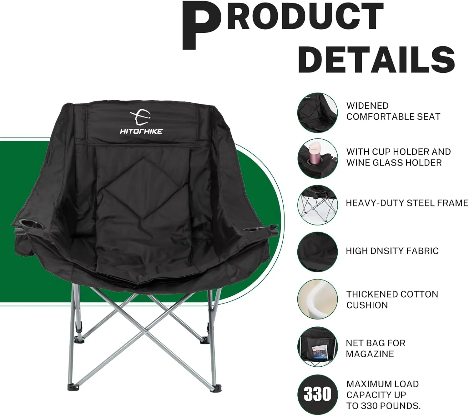 HITORHIKE Double Camping Chair Heavy Duty Oversized Folding Loveseat Camping Chair - Single/Double, All-Season Design with Cup Holder for Camping, Picnic, Beach
