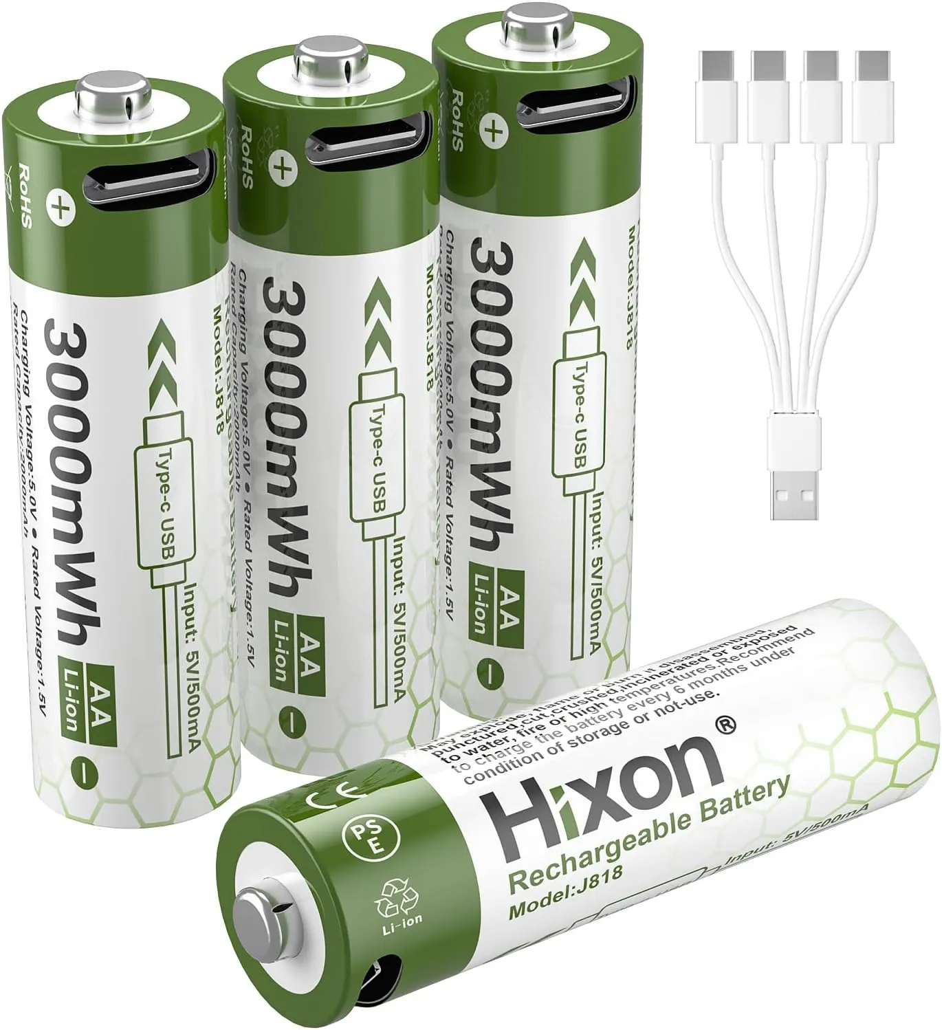 Hixon 1.5V USB Rechargeable Lithium Batteries AA Size,3000mWh Double AA Rechargeable Battery,Charges 1.5 Hours, Over 1000 Cycles, 4-in-1 USB-A to USB-C Charging Cable, LED Charge Indicator, 4-Pack