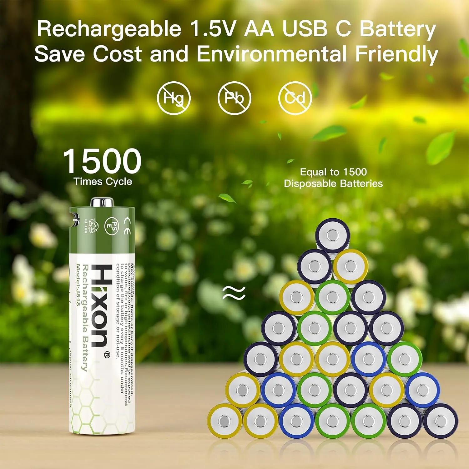 Hixon 1.5V USB Rechargeable Lithium Batteries AA Size,3000mWh Double AA Rechargeable Battery,Charges 1.5 Hours, Over 1000 Cycles, 4-in-1 USB-A to USB-C Charging Cable, LED Charge Indicator, 4-Pack