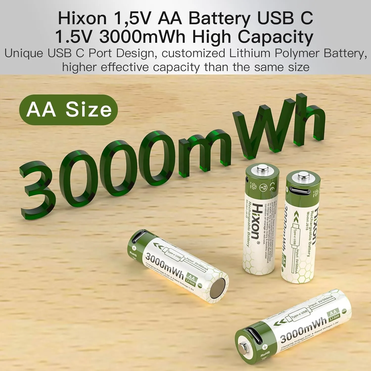 Hixon 1.5V USB Rechargeable Lithium Batteries AA Size,3000mWh Double AA Rechargeable Battery,Charges 1.5 Hours, Over 1000 Cycles, 4-in-1 USB-A to USB-C Charging Cable, LED Charge Indicator, 4-Pack