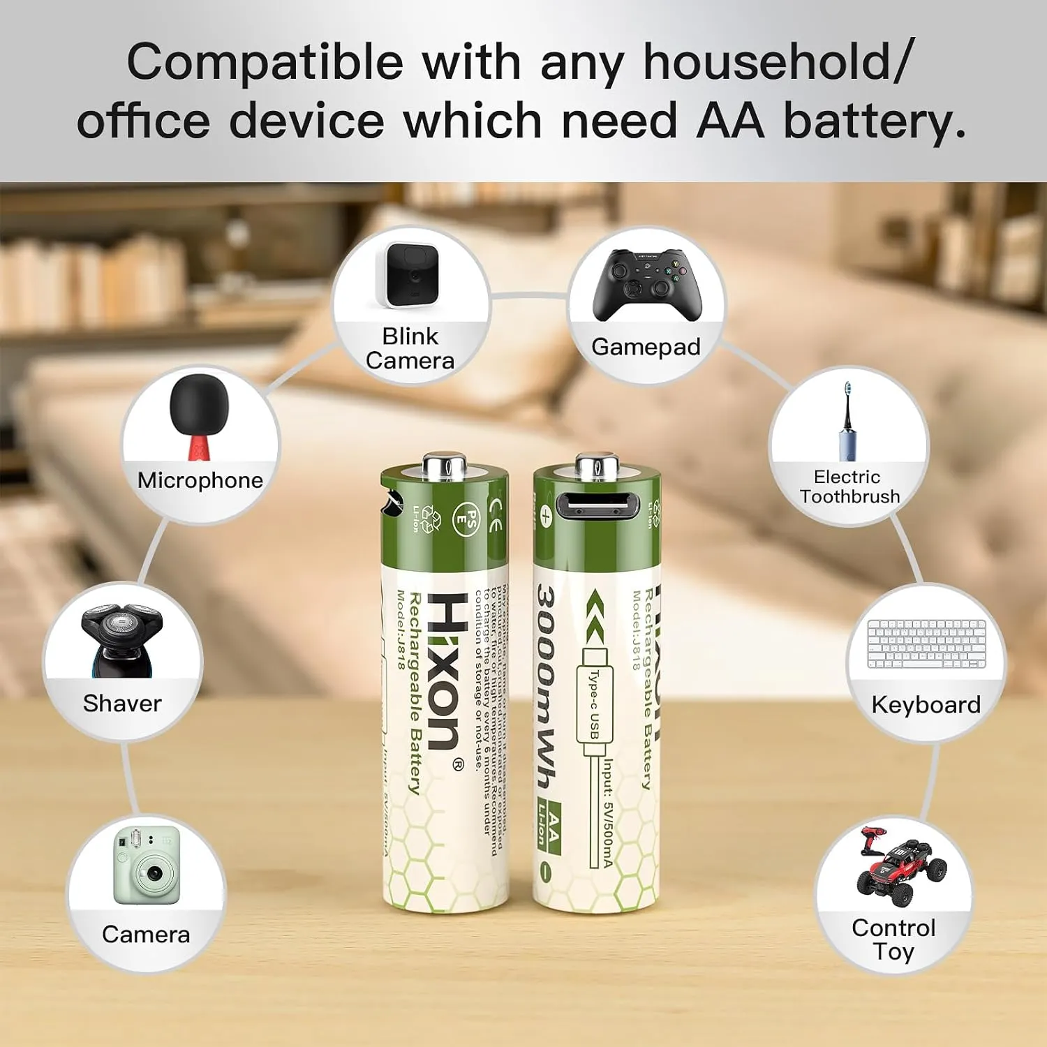 Hixon 1.5V USB Rechargeable Lithium Batteries AA Size,3000mWh Double AA Rechargeable Battery,Charges 1.5 Hours, Over 1000 Cycles, 4-in-1 USB-A to USB-C Charging Cable, LED Charge Indicator, 4-Pack