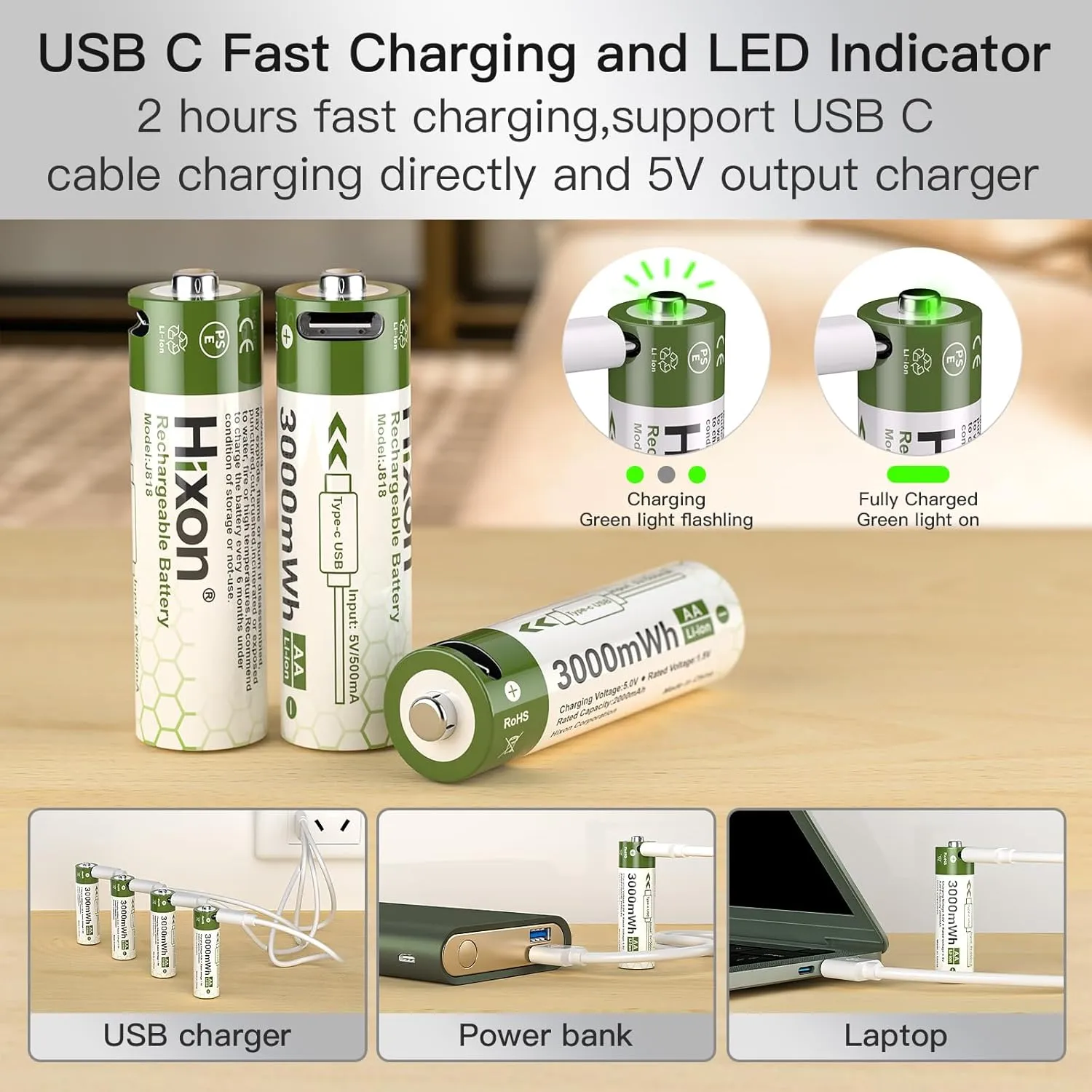 Hixon 1.5V USB Rechargeable Lithium Batteries AA Size,3000mWh Double AA Rechargeable Battery,Charges 1.5 Hours, Over 1000 Cycles, 4-in-1 USB-A to USB-C Charging Cable, LED Charge Indicator, 4-Pack