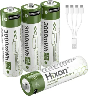 Hixon 1.5V USB Rechargeable Lithium Batteries AA Size,3000mWh Double AA Rechargeable Battery,Charges 1.5 Hours, Over 1000 Cycles, 4-in-1 USB-A to USB-C Charging Cable, LED Charge Indicator, 4-Pack