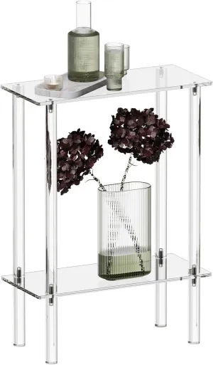 HMYHUM Acrylic Narrow Side Table for Small Spaces, 7" Wide Skinny Nightstand/Bedside Table for Bedroom, Slim Small End Table, 2 Tier, 15.7" L x 21.8" H, Clear