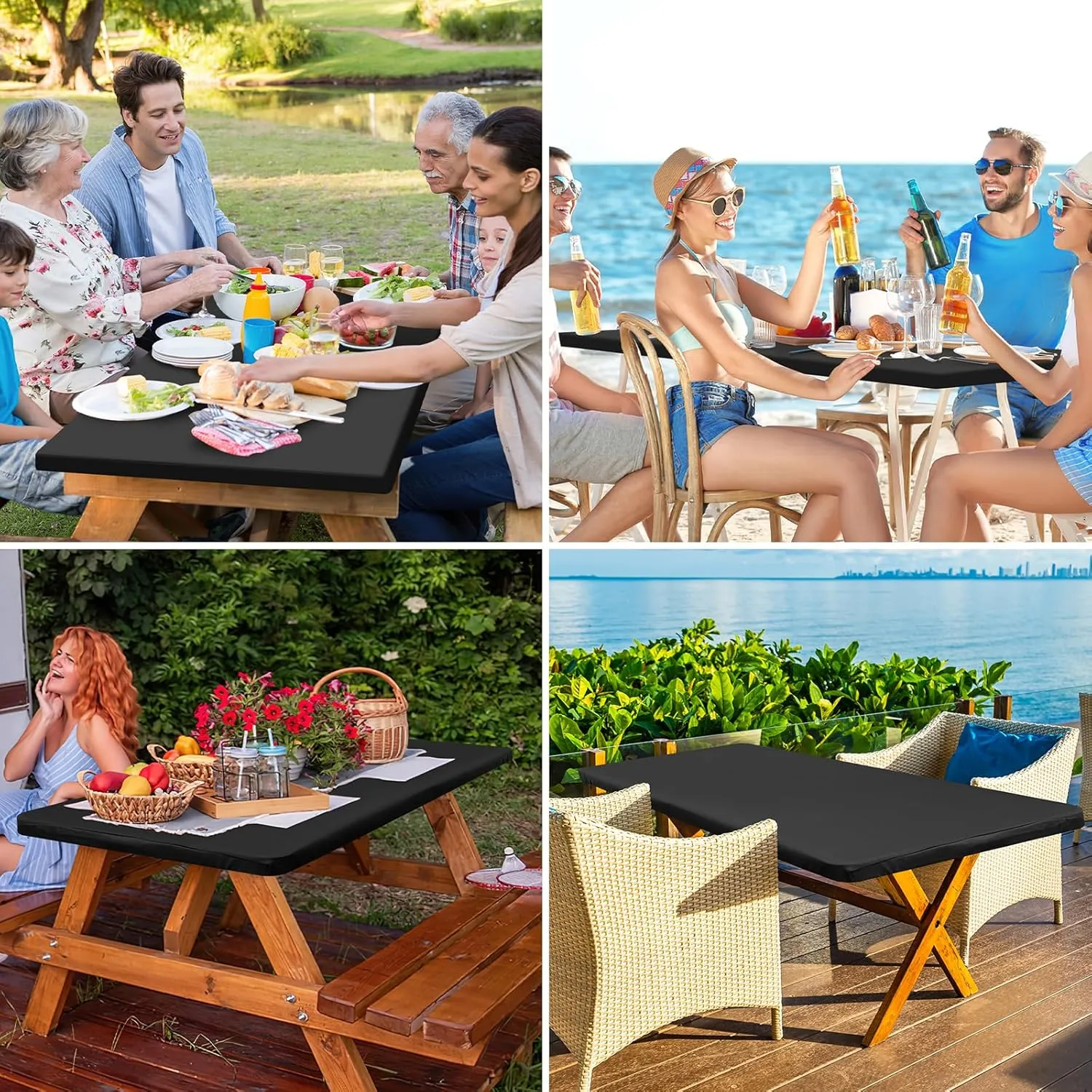 homing Rectangle Table Cloth Cover, Waterproof Polyester Elastic Fitted Tablecloth, Fits for 6 Foot Folding Tables, Washable Table Protector for Picnic, Camping, Outdoor (Black, 36" x 72")