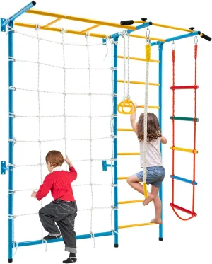 HONEY JOY Climbing Toys for Toddlers, Upgrade Metal Indoor Kids Gym for Solid Wall, Playground and Climbing Exercise Set with Rope Ladder, Pull-up Bar, Monkey Bars, Gymnastic Rings (7 in 1)