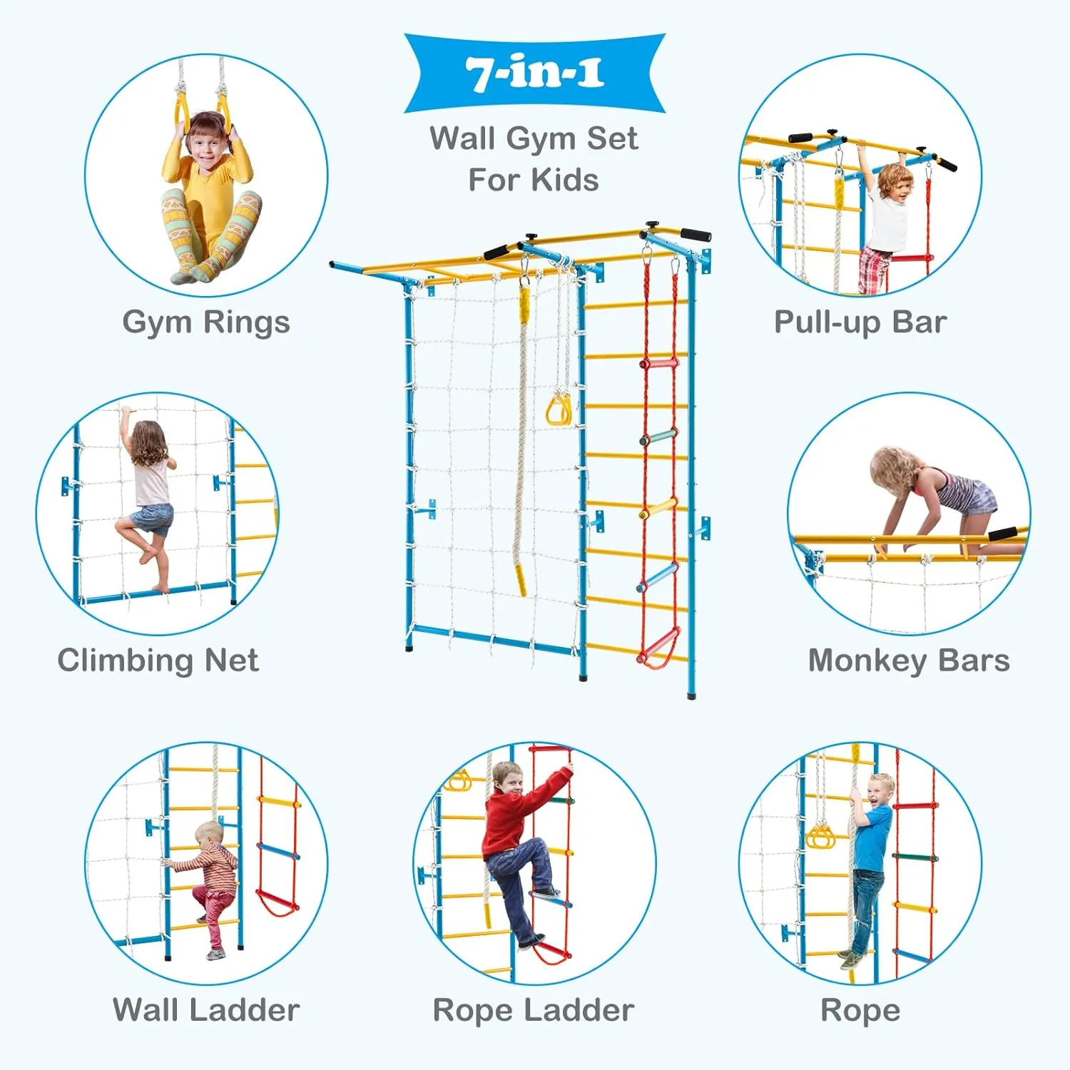 HONEY JOY Climbing Toys for Toddlers, Upgrade Metal Indoor Kids Gym for Solid Wall, Playground and Climbing Exercise Set with Rope Ladder, Pull-up Bar, Monkey Bars, Gymnastic Rings (7 in 1)