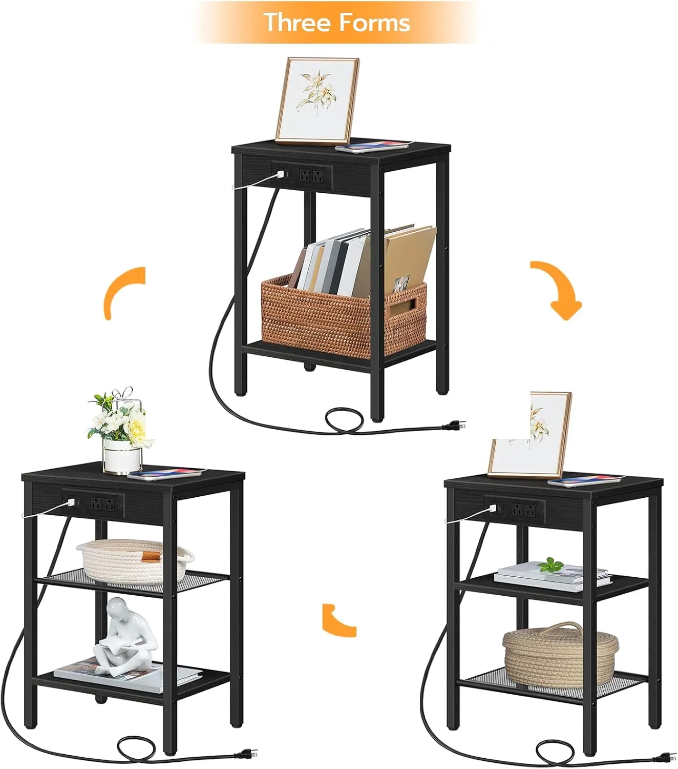 HOOBRO End Table with Charging Station and USB Ports, 3-Tier Nightstand with Adjustable Shelf, Small Side Table for Small Space in Living Room, Bedroom and Balcony, Black BB112BZ01