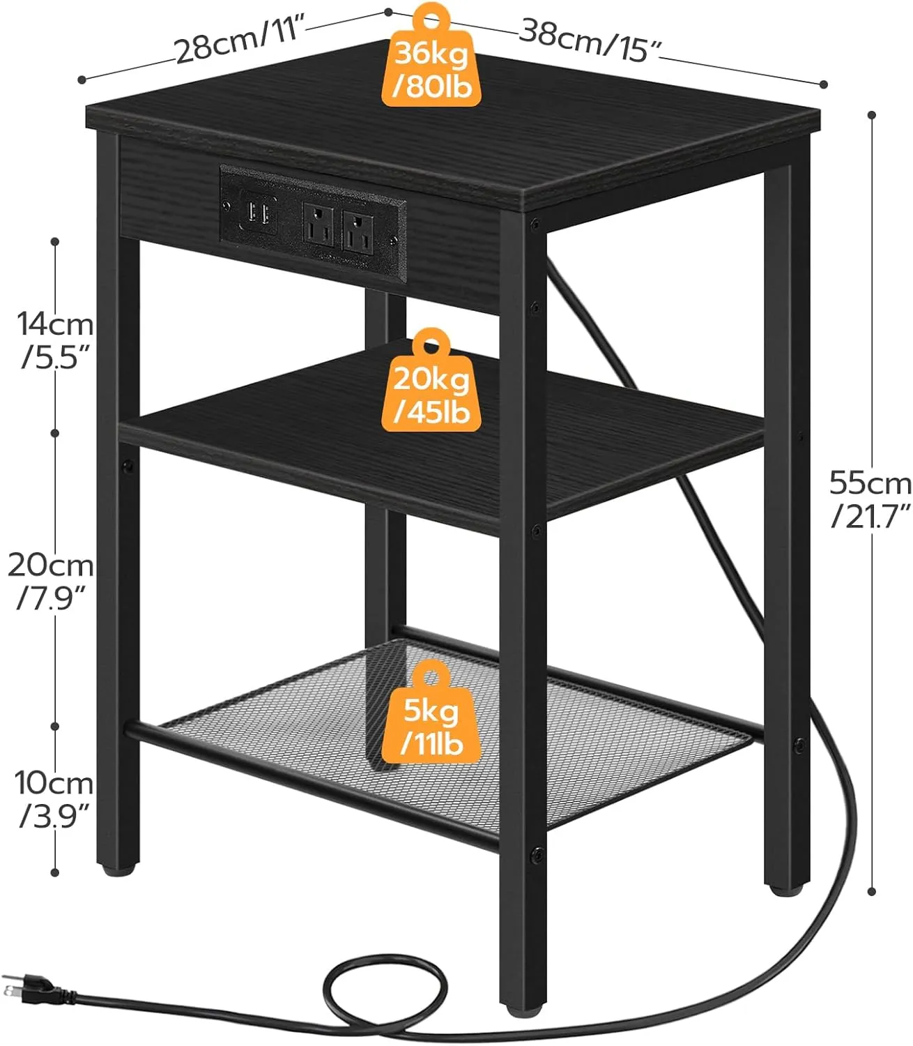 HOOBRO End Table with Charging Station and USB Ports, 3-Tier Nightstand with Adjustable Shelf, Small Side Table for Small Space in Living Room, Bedroom and Balcony, Black BB112BZ01