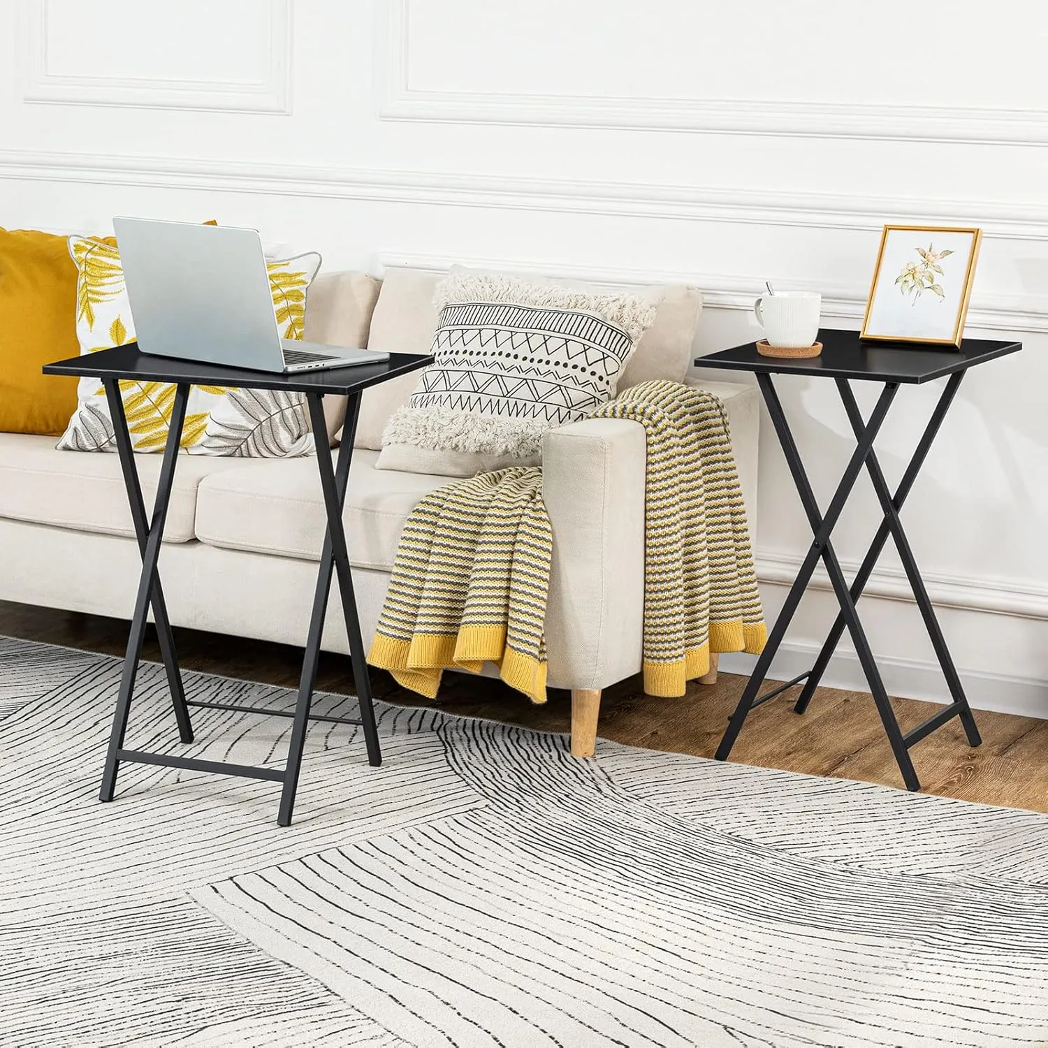 HOOBRO Folding TV Tray Tables, Set of 2 Side Tables for Small Space, Industrial Snack Desk for Eating at Couch, Stable Metal Frame, Easy Assembly, Space Saving, Black BK25BZ01