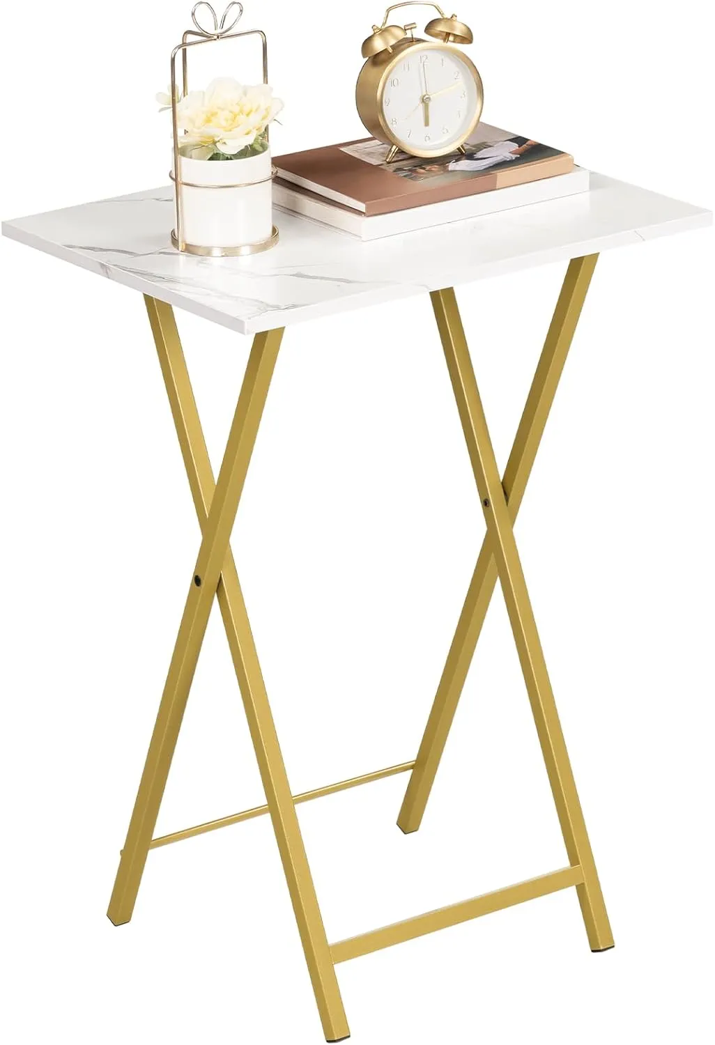 HOOBRO Folding TV Tray Tables, Set of 2 Stable Snack Table for Small Space, Portable Sofa Side Table, Easy Assembly and Storage, Ideal for Snacks and Meals in Living Room, Marble and Gold DM25BZ01