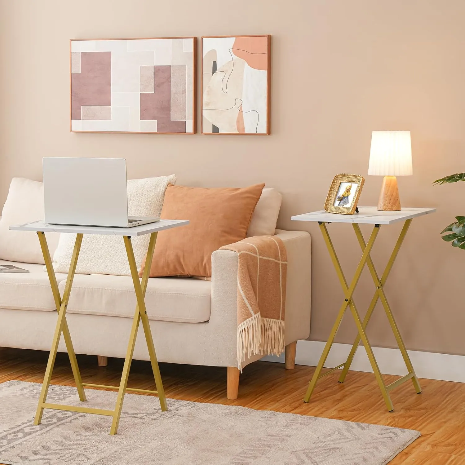 HOOBRO Folding TV Tray Tables, Set of 2 Stable Snack Table for Small Space, Portable Sofa Side Table, Easy Assembly and Storage, Ideal for Snacks and Meals in Living Room, Marble and Gold DM25BZ01