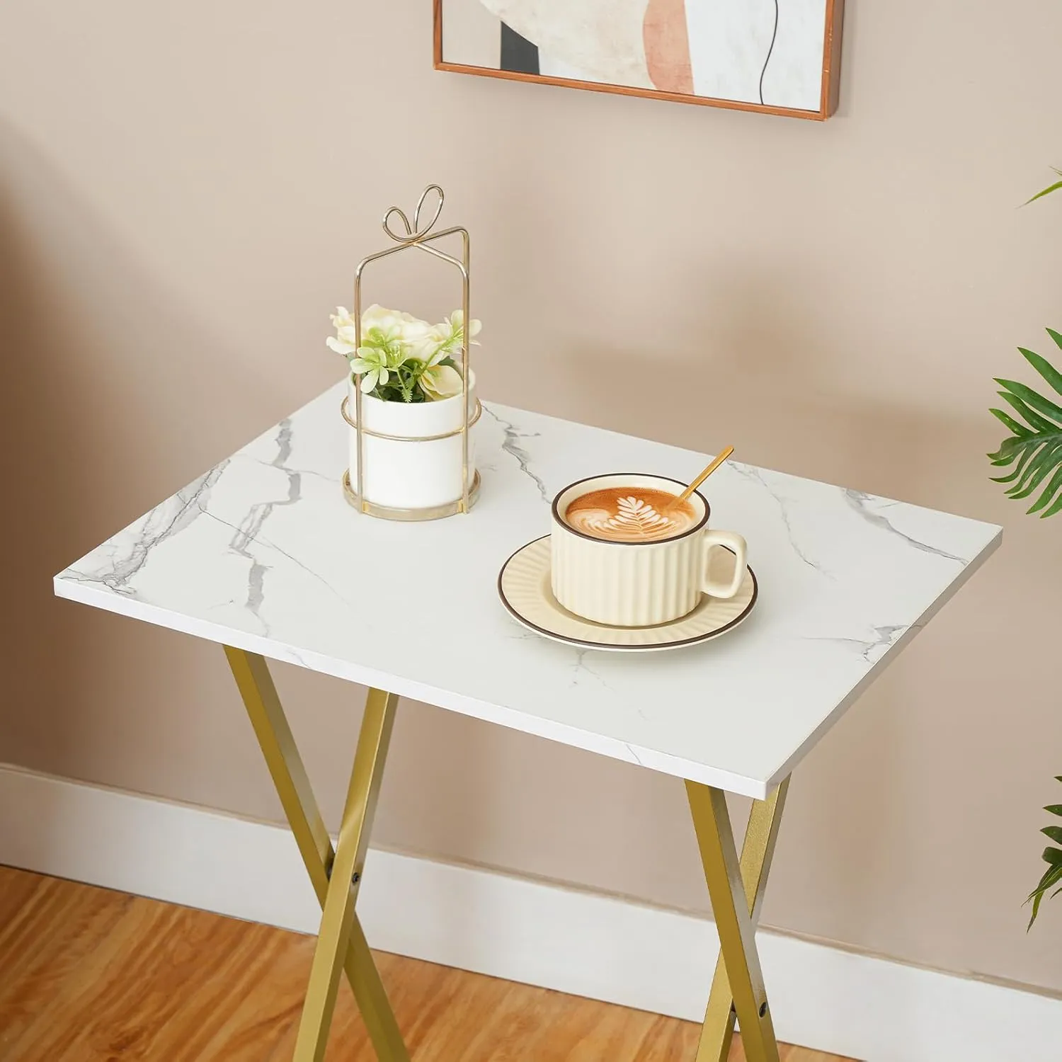 HOOBRO Folding TV Tray Tables, Set of 2 Stable Snack Table for Small Space, Portable Sofa Side Table, Easy Assembly and Storage, Ideal for Snacks and Meals in Living Room, Marble and Gold DM25BZ01