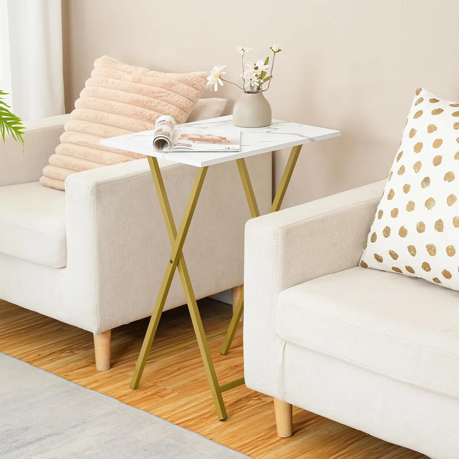 HOOBRO Folding TV Tray Tables, Set of 2 Stable Snack Table for Small Space, Portable Sofa Side Table, Easy Assembly and Storage, Ideal for Snacks and Meals in Living Room, Marble and Gold DM25BZ01
