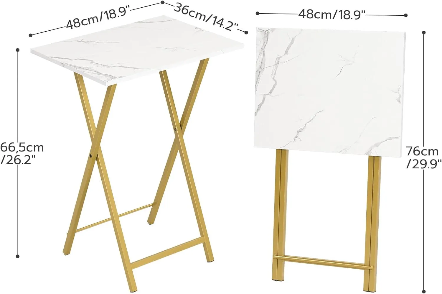 HOOBRO Folding TV Tray Tables, Set of 2 Stable Snack Table for Small Space, Portable Sofa Side Table, Easy Assembly and Storage, Ideal for Snacks and Meals in Living Room, Marble and Gold DM25BZ01