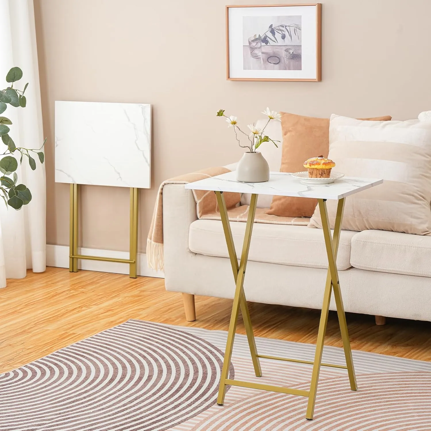 HOOBRO Folding TV Tray Tables, Set of 2 Stable Snack Table for Small Space, Portable Sofa Side Table, Easy Assembly and Storage, Ideal for Snacks and Meals in Living Room, Marble and Gold DM25BZ01