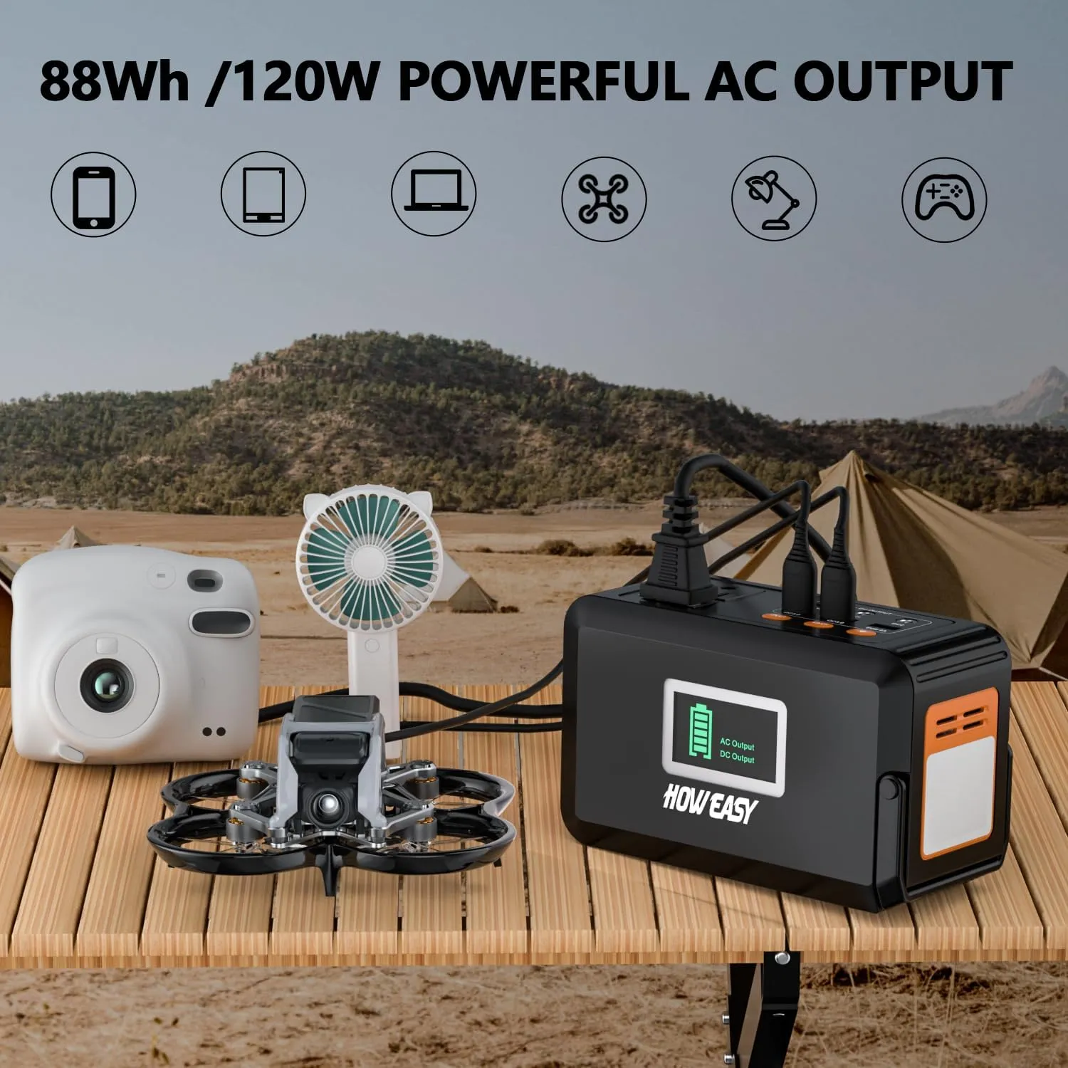 HOWEASY 120W Portable Power Bank, 24000mAh Portable Laptop Charger Battery Backup with 2 110V AC Outlets/ 3 DC Ports/2 USB QC3.0/LED Light for CPAP Outdoor Camping Travel Home Hurricane Emergency
