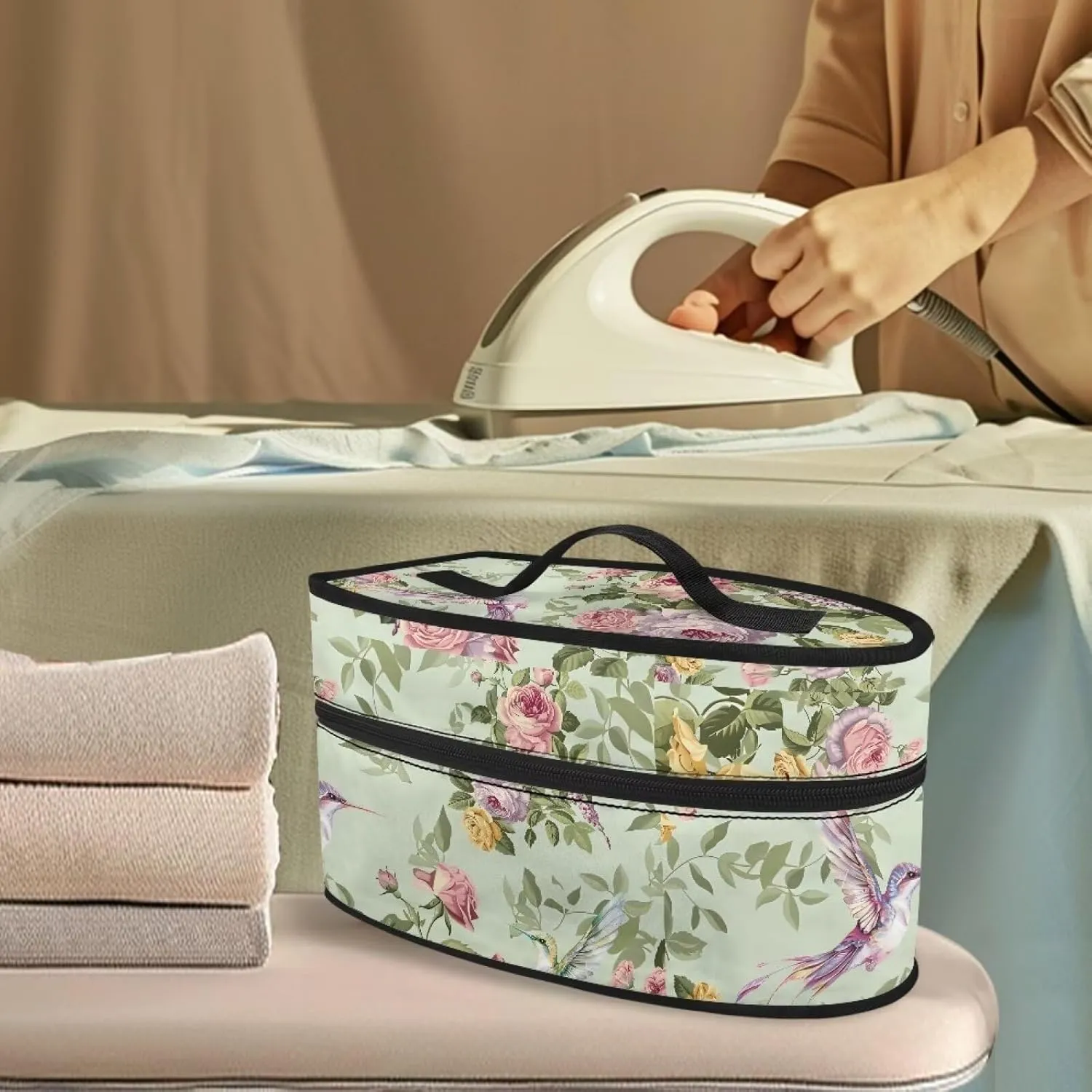 Hummingbird Rose Iron Portable Storage Bag Lightweight Travel Iron Holder with Handle & Zipper Closure Compatible with Irons of All Widths with Double Zippers and a Handle