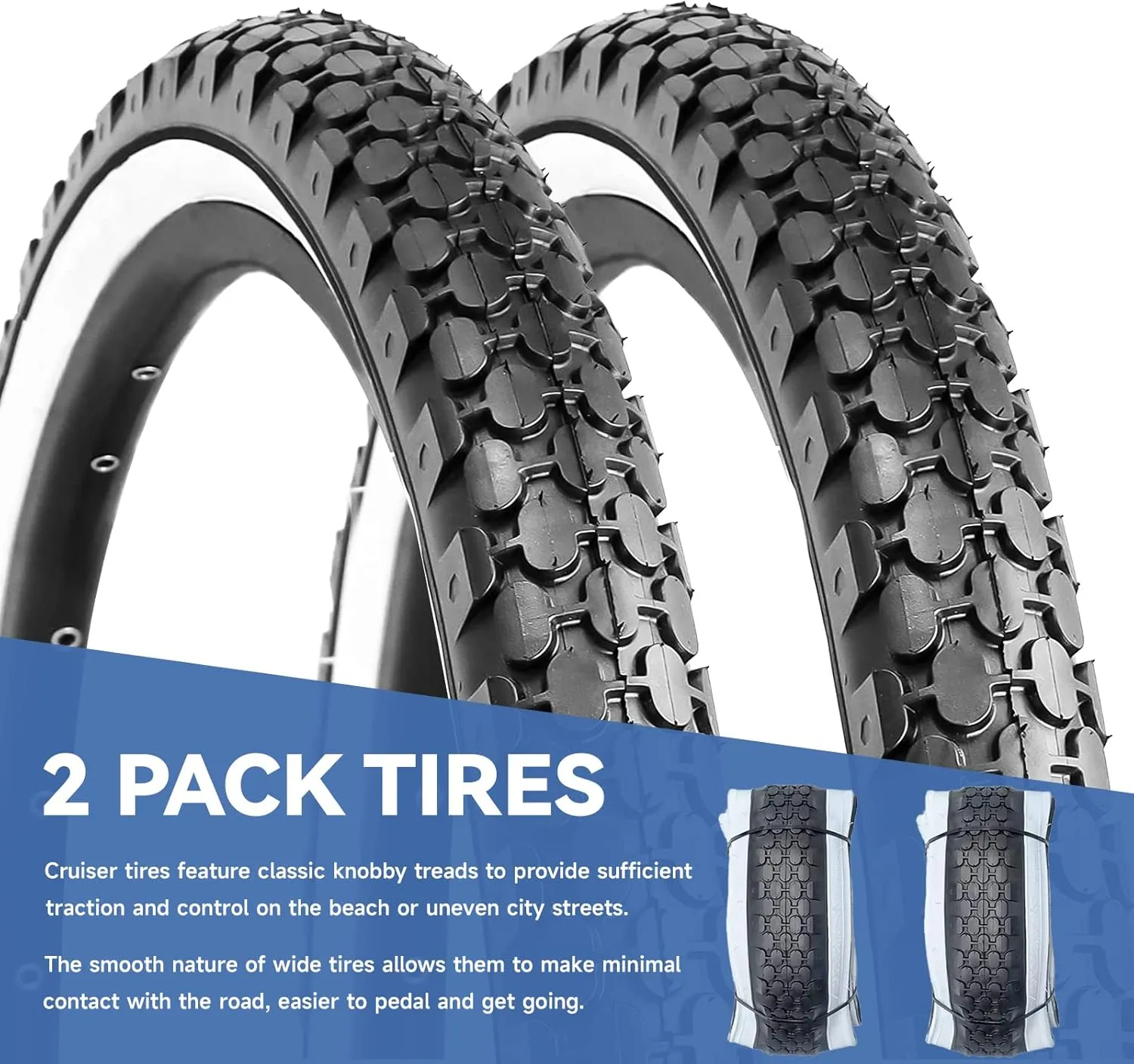 Hycline 2 Pack Bike Tire,24/26x2.125 Inch Folding Replacement Tire for Beach Cruiser Bicycle